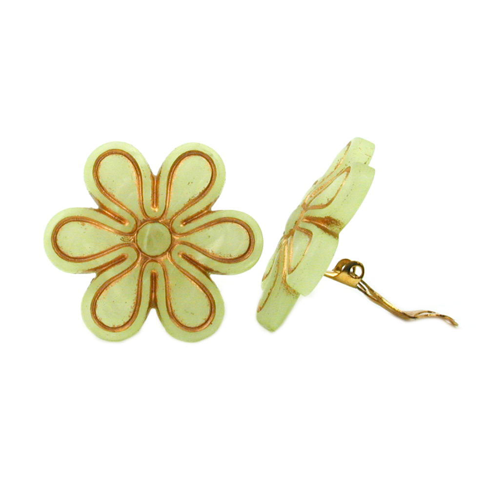 Clip Ohrring 30mm Blüte hellgrüm-transparent-gold matt Kunststoff-Bouton