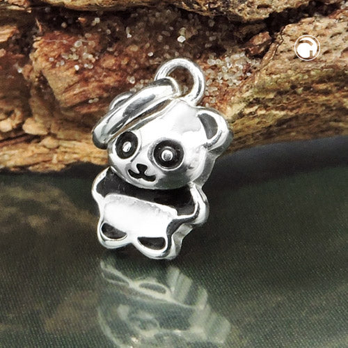 Anhänger 9x7mm kleiner Pandabär glänzend schwarz lackiert Silber 925
